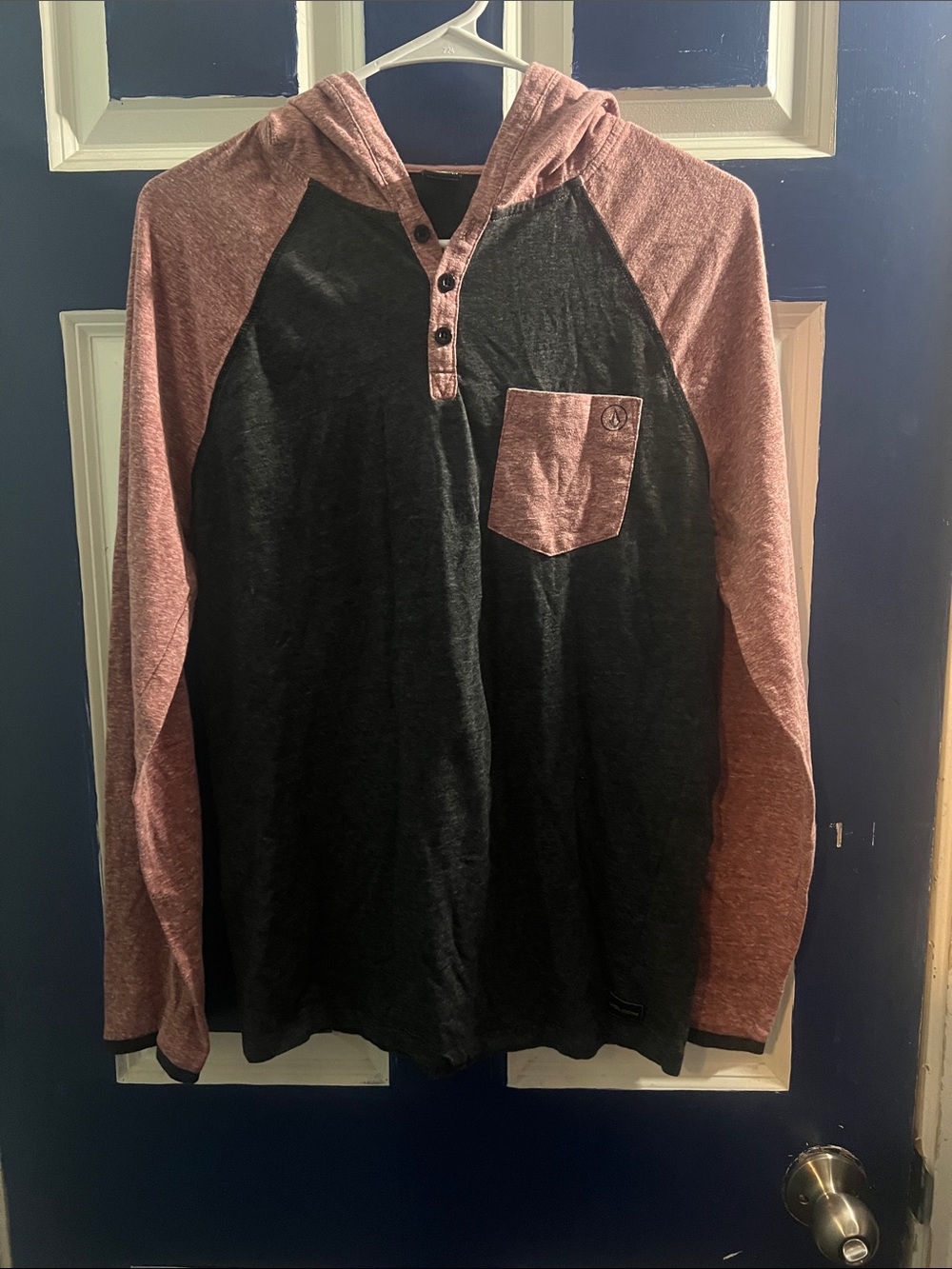 Volcom Long Sleeve Hooded Henley - Black and Dusty Rose